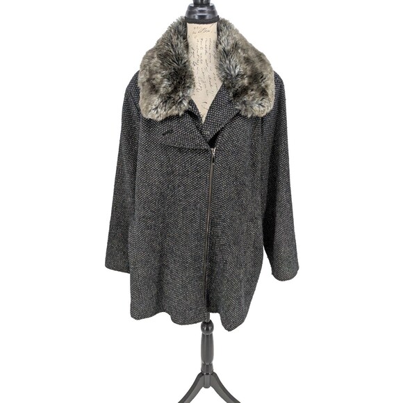 Jones New York Jackets & Blazers - JONES NEW YORK Coat Size 3X Heavy Black Tweed Zip Faux Fur Collar